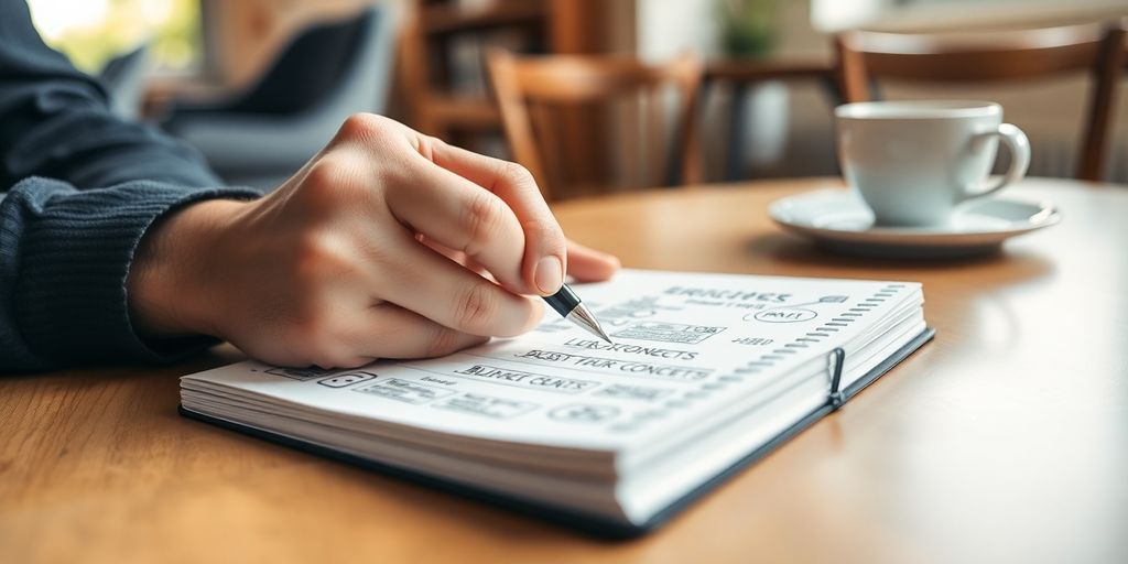 A person sketching business ideas in a notebook.