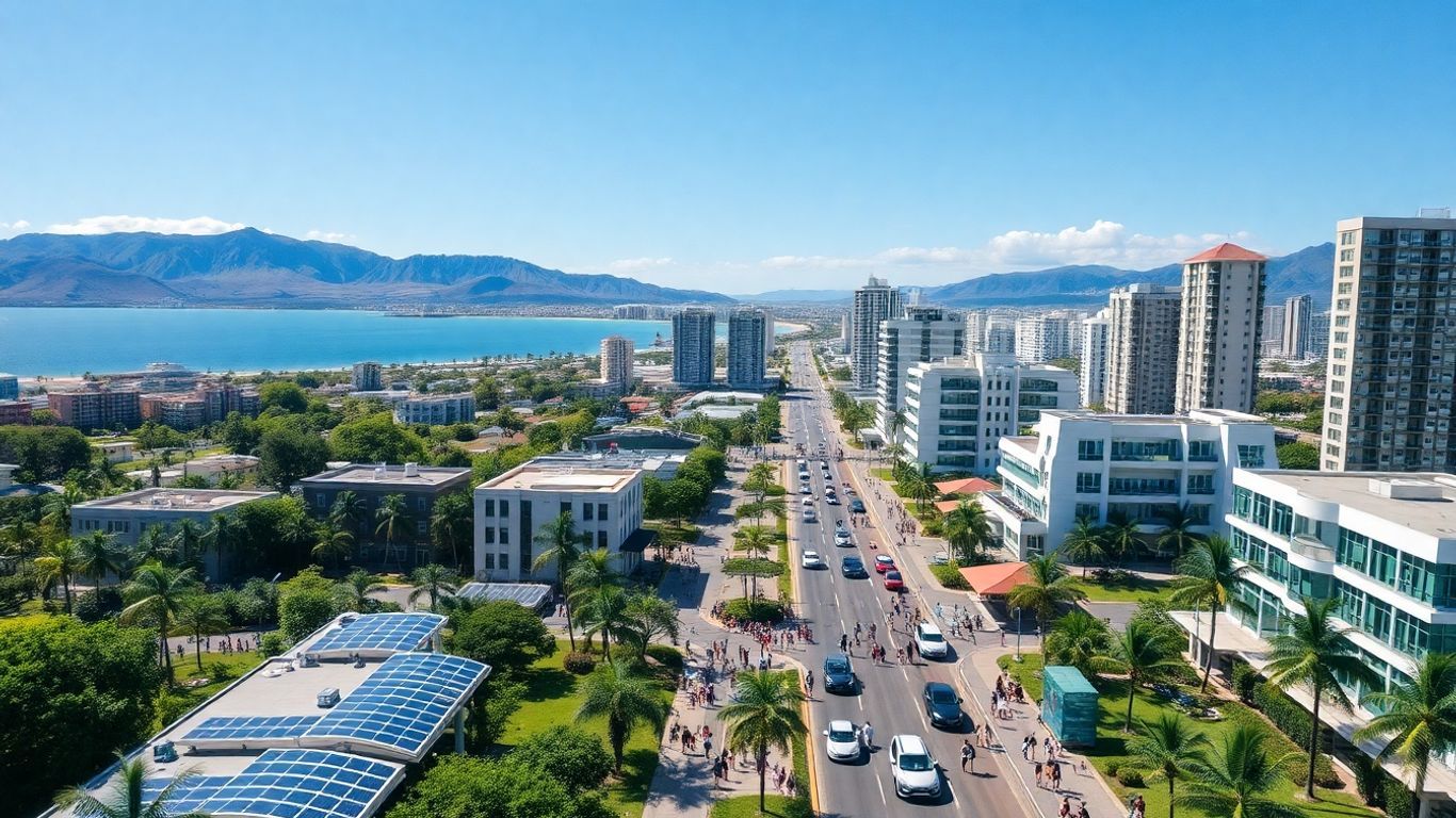 Aerial view of smart city in Hawaii with green tech