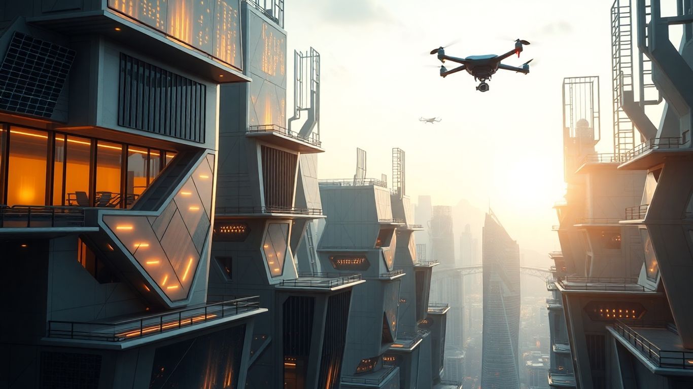 Futuristic smart buildings with glowing lights and drones.