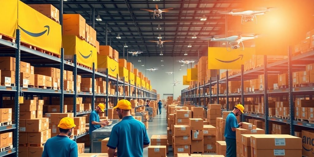 Amazon warehouse with workers and delivery drones in action.