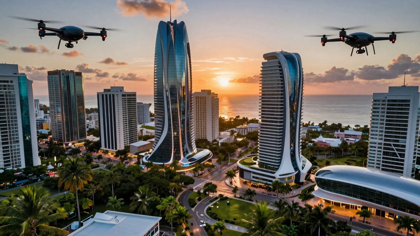 Jamaica cityscape with modern buildings and tropical greenery.