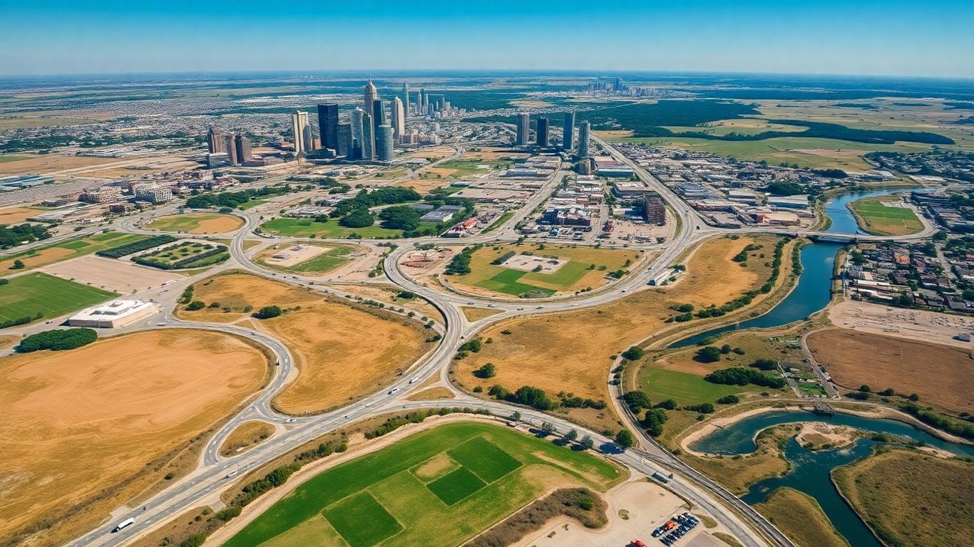 Aerial photo of Texas showing cities and highways