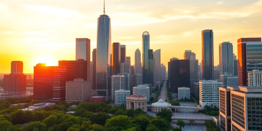Houston skyline at sunset with skyscrapers and greenery.