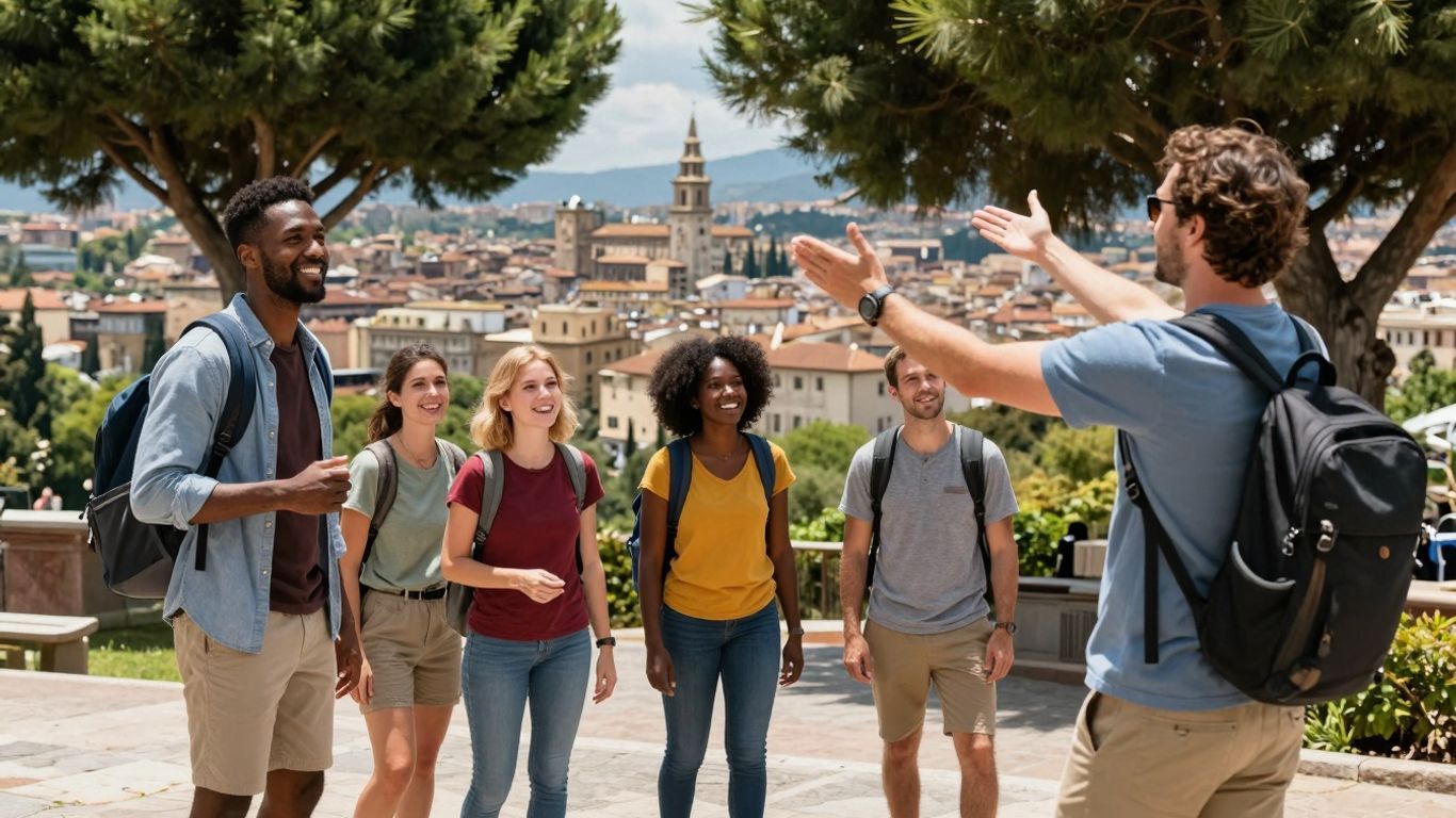 Tour guide leading happy tourists through a scenic landmark.