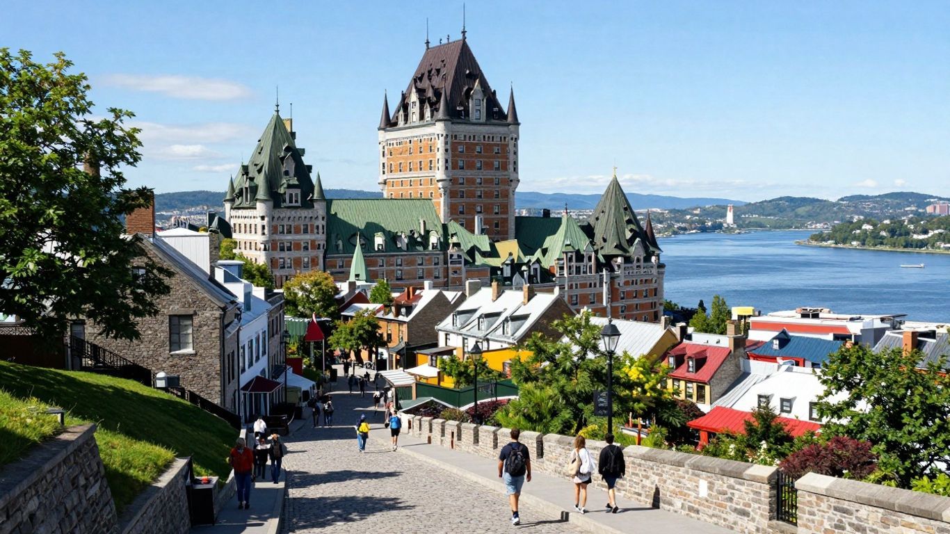 Historic Quebec City skyline with Château Frontenac and river.