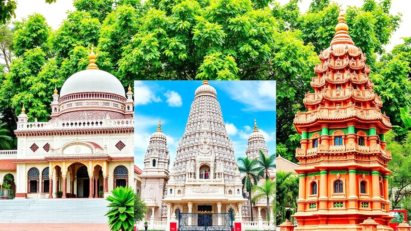Malaysian religious landmarks: mosque, temple, and gopuram.