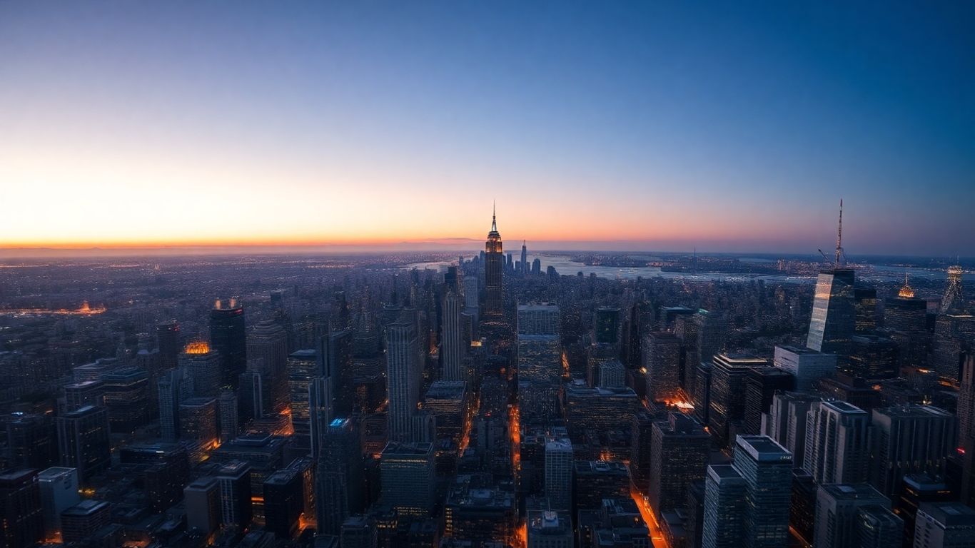 Aerial view of a vast, illuminated cityscape at dusk.