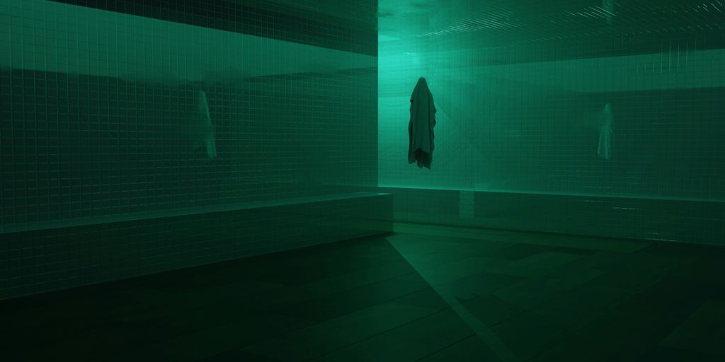 a dark room with a coat hanging from the ceiling