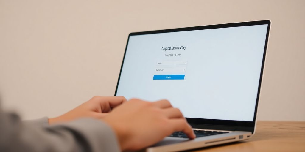 Person logging into Capital Smart City on laptop.