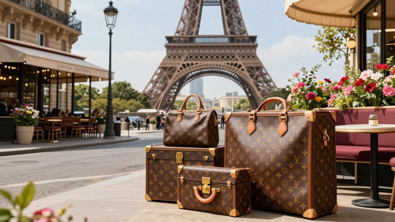 Louis Vuitton luggage on a Paris street with Eiffel Tower.