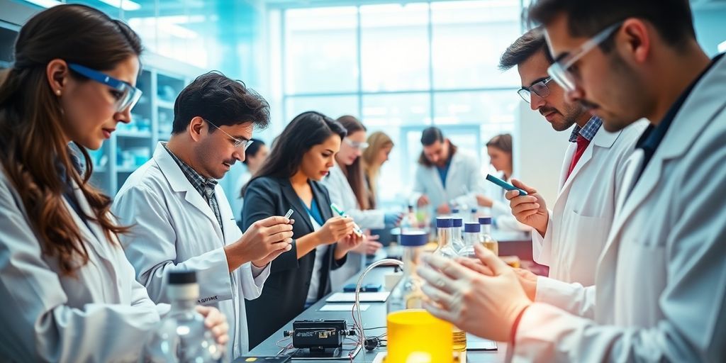 Scientists collaborating in a modern laboratory setting.