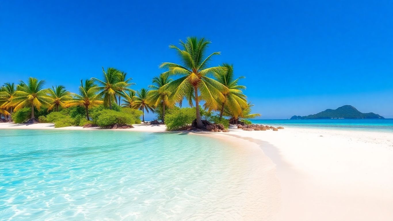 Sun-drenched beach with turquoise water and palm trees.