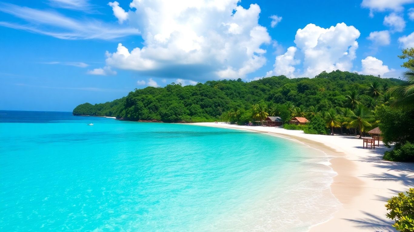 Tioman Island beach with turquoise water and jungle.