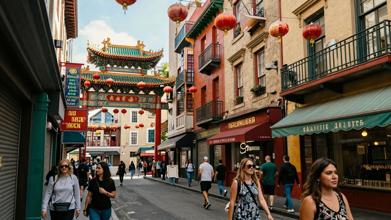 Bustling street in San Francisco's Chinatown with colorful buildings.