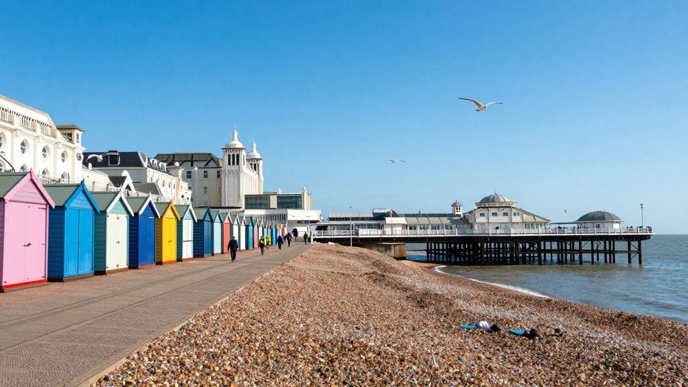 Brighton pier with colorful beach huts and city skyline.