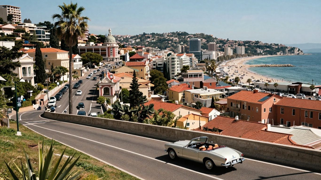 Luxury travel guide cityscape and coastal road.