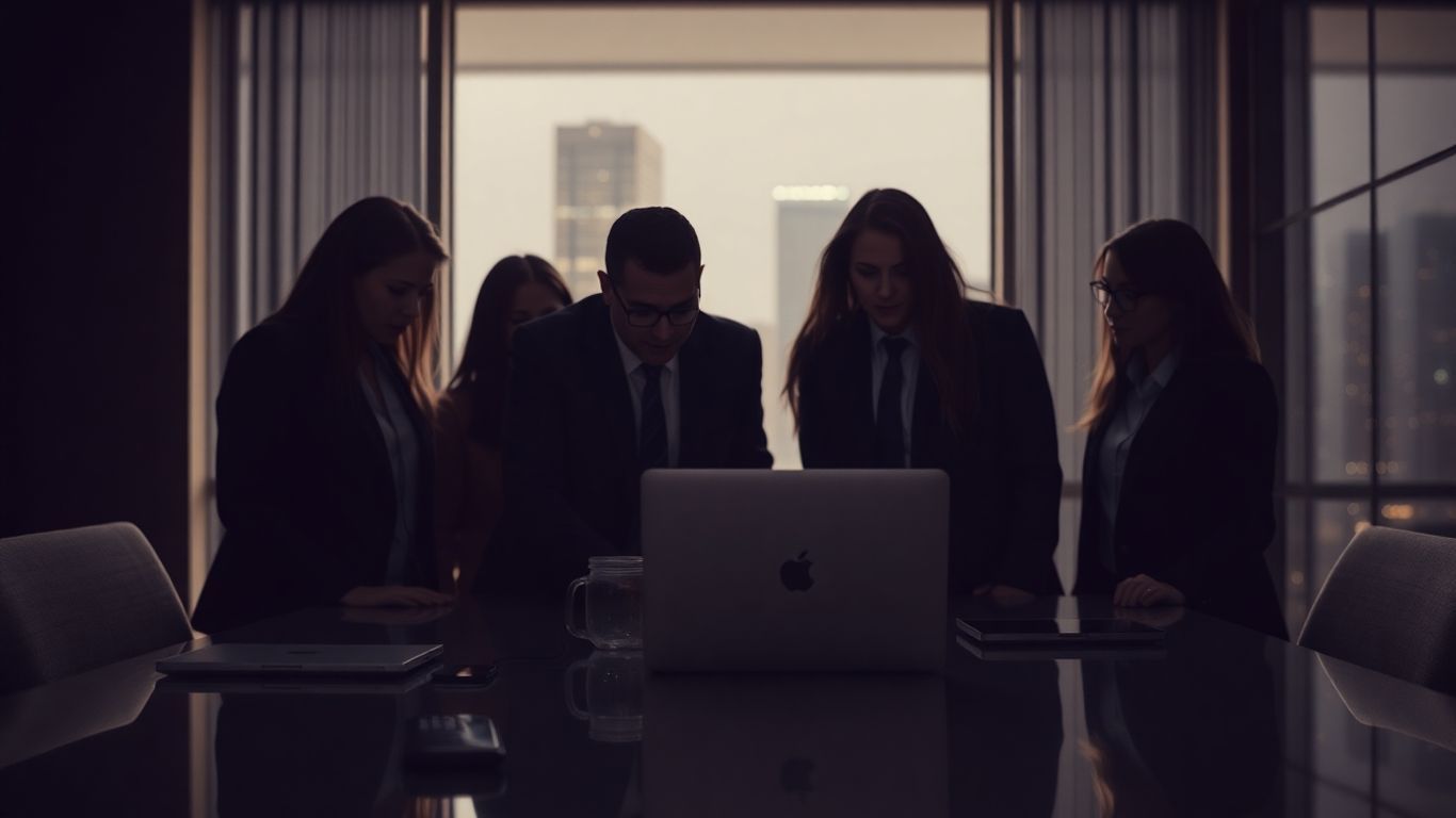 Business team working secretly in a dimly lit office