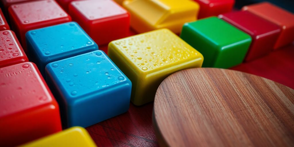 Brightly coloured blocks, vintage arcade game paddle.
