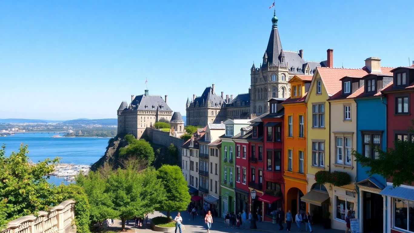 Quebec City skyline with Château Frontenac and families.