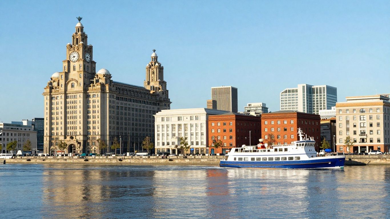 Liverpool waterfront cityscape with colorful buildings and river.