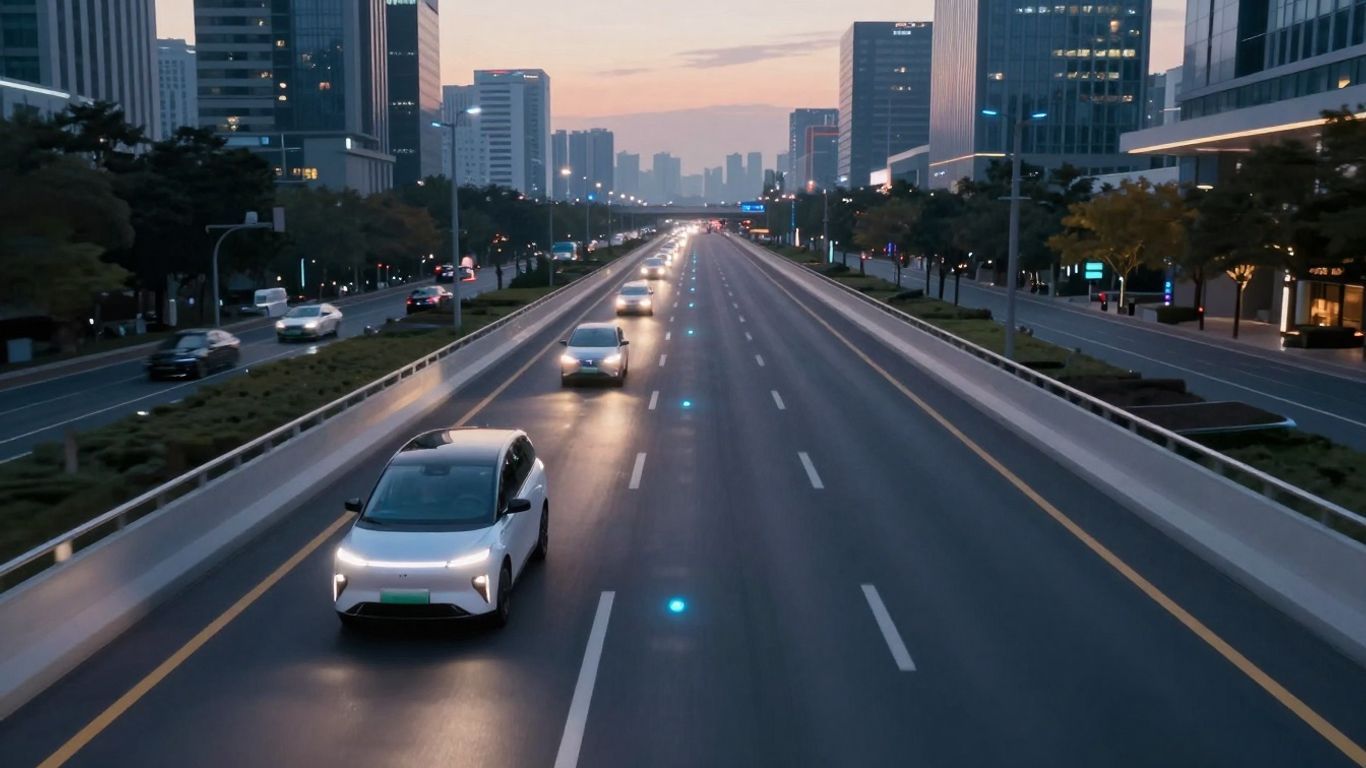 Futuristic smart highway with autonomous vehicles at dusk.