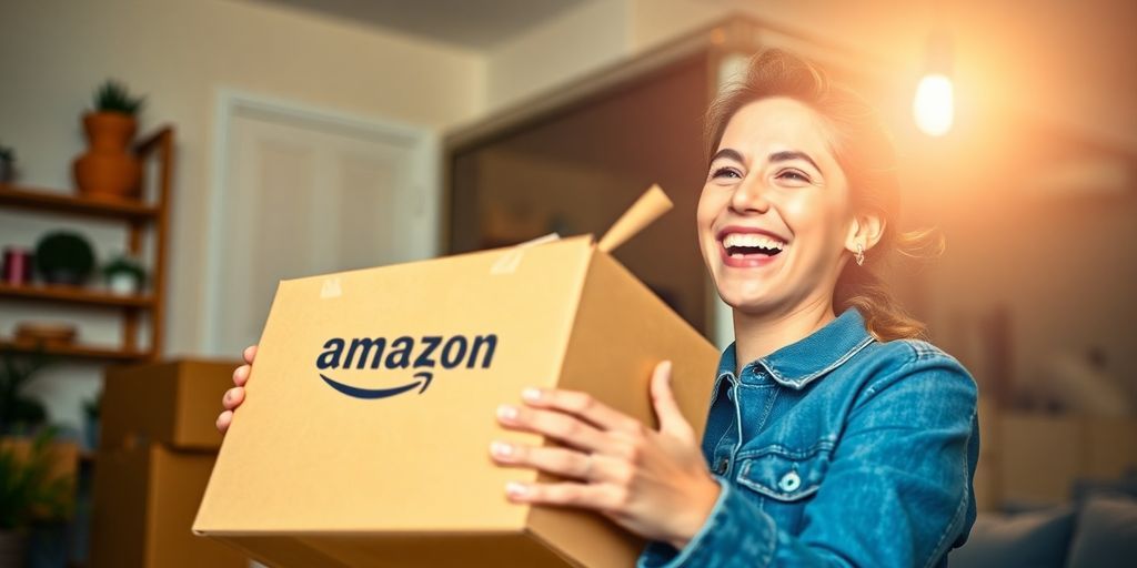 Person receiving a package at home from delivery truck.