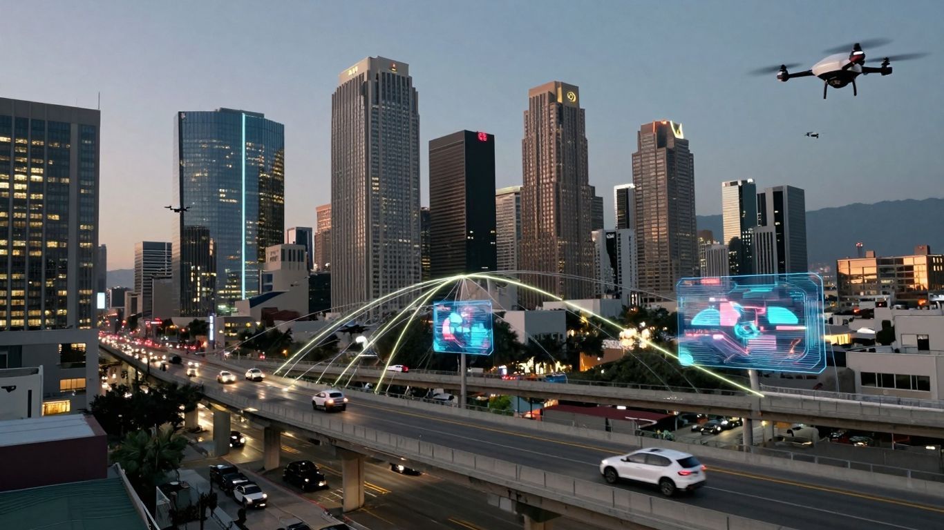 Los Angeles cityscape with smart transportation and futuristic technology.