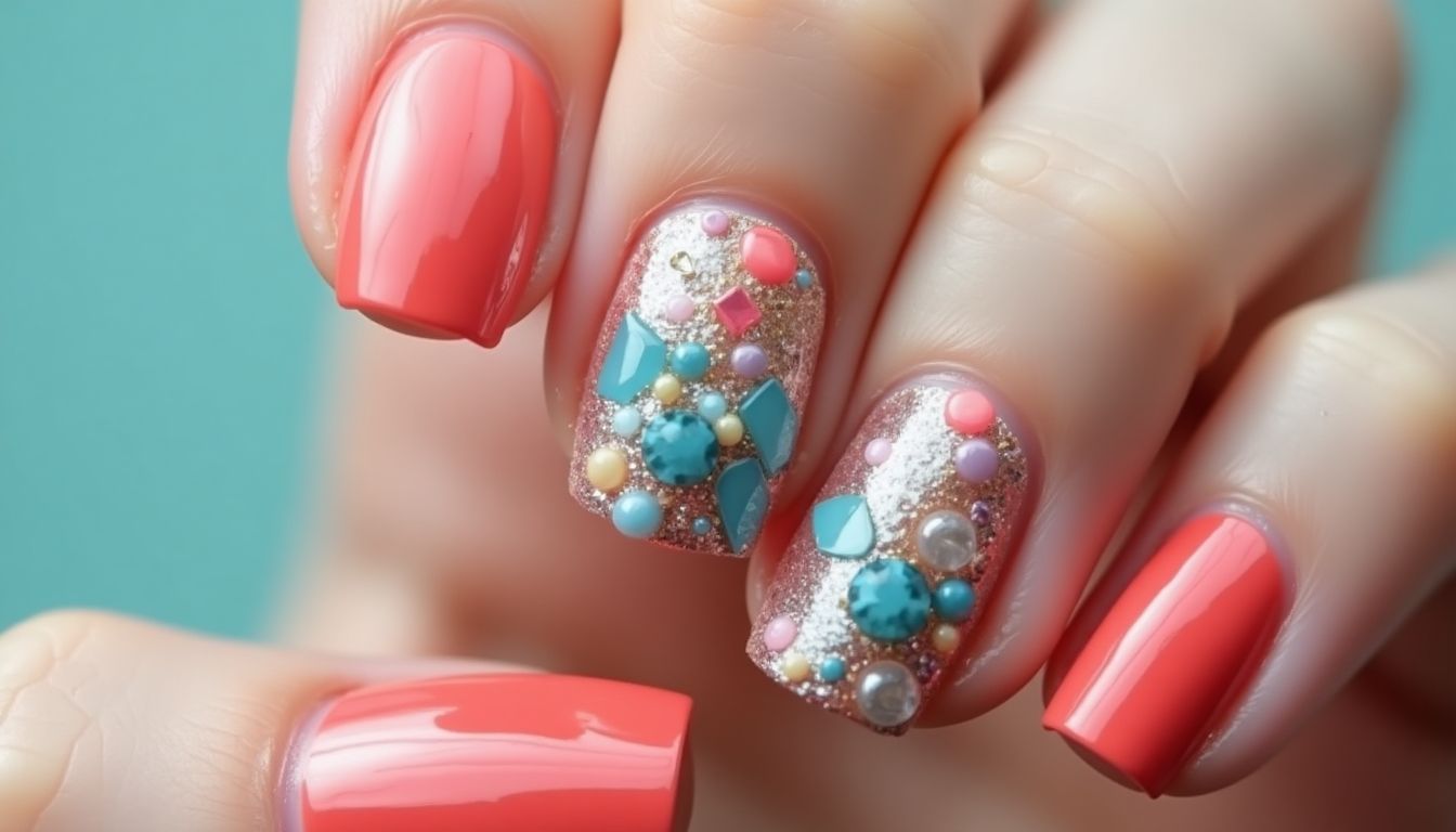 Colorful nails in coral and ocean blue with jewels.