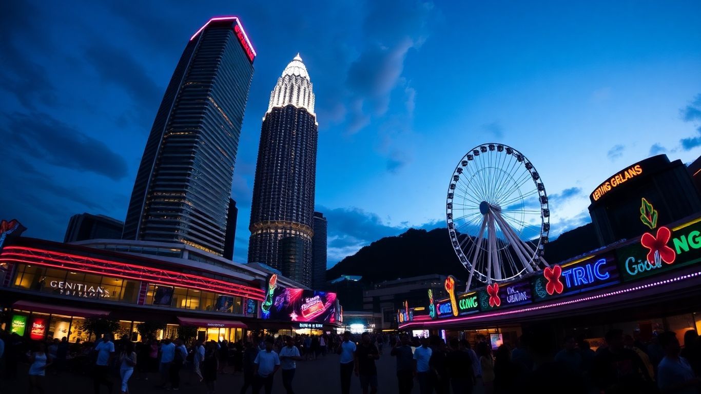Genting Highlands entertainment district with bright lights and Ferris wheel.