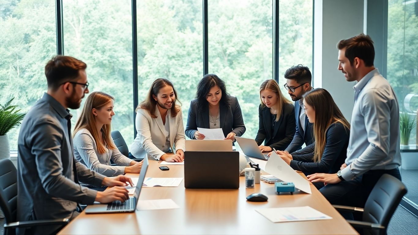 Researchers collaborating in a modern sustainable office.