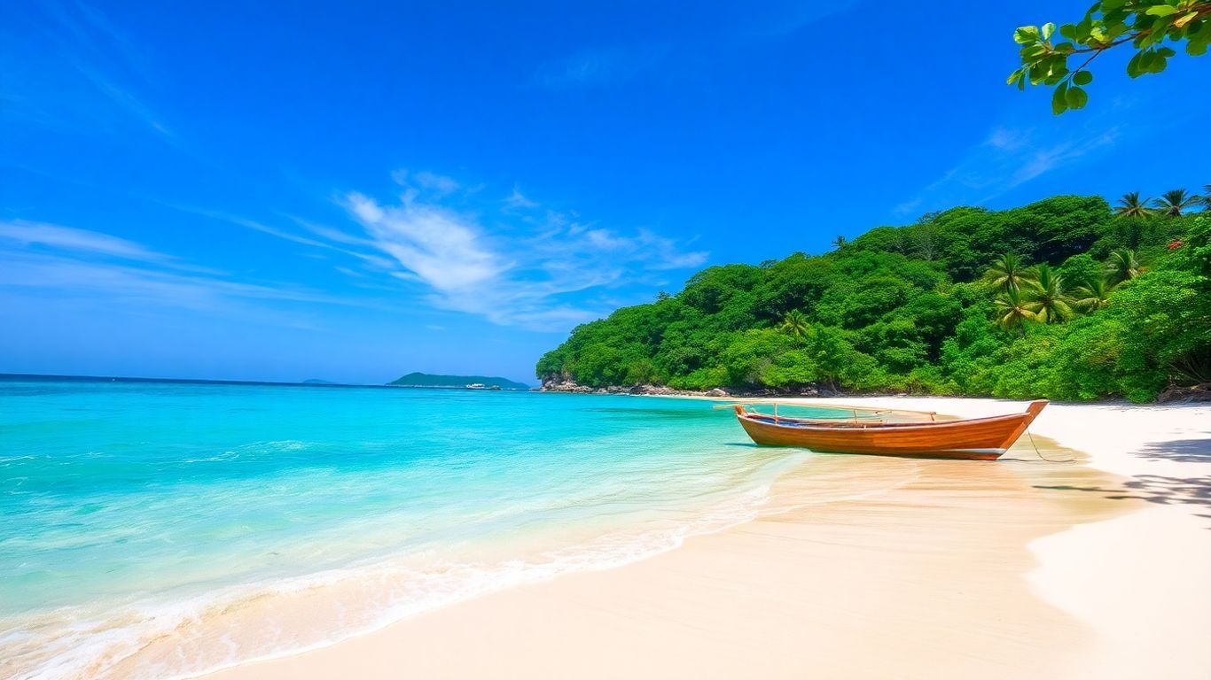 Pulau Tioman beach with clear water and green jungle.