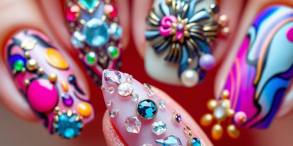 Vibrant 3D nail designs with intricate patterns and colors.