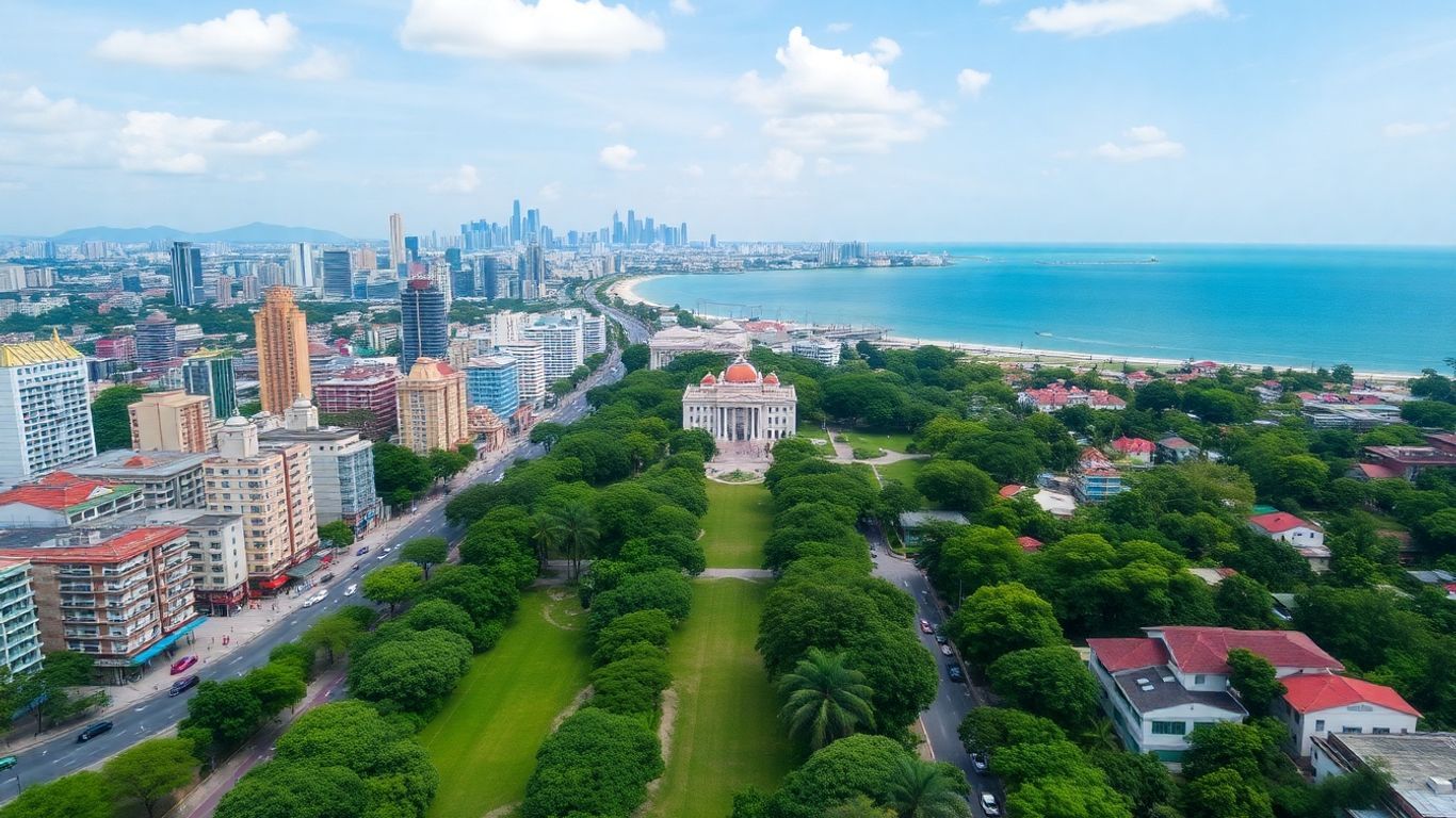 Johor Bahru cityscape with streets, buildings, and water.
