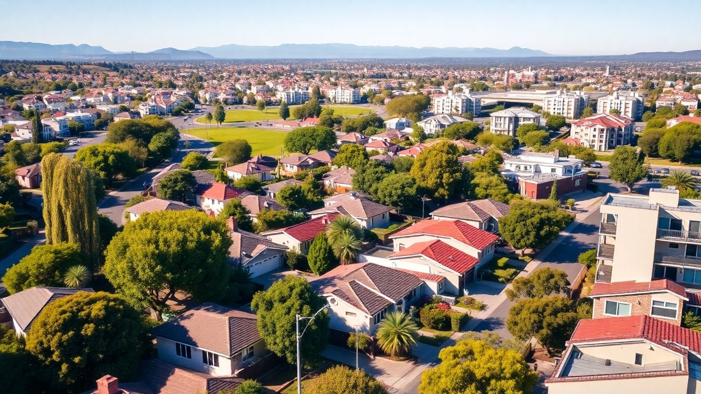 Affordable cityscape with diverse housing and green spaces.