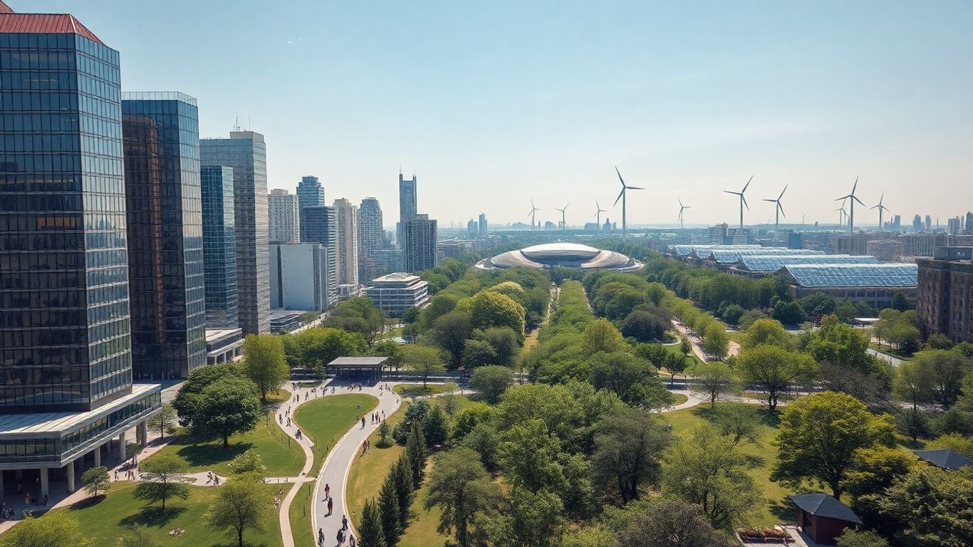 Sustainable city with green parks and modern buildings