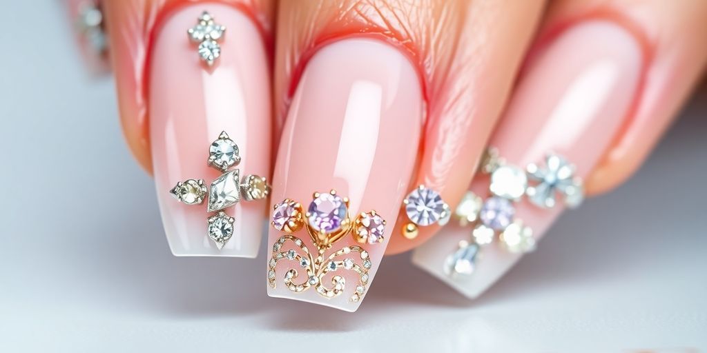 Close-up of bejeweled nail art with glamorous accents.
