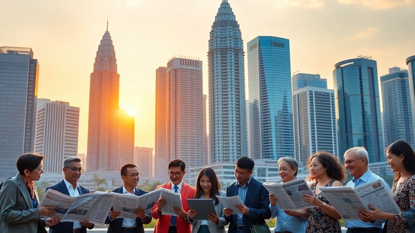 Malaysian business professionals discussing news in a modern city.