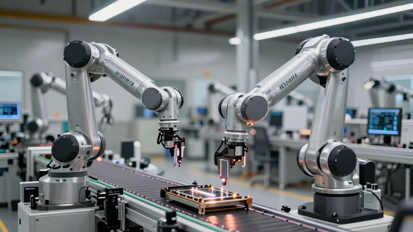 Robotic arms in a modern, automated factory.