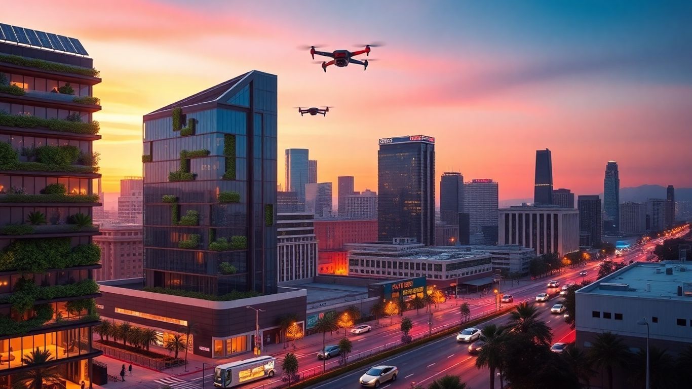Futuristic Los Angeles skyline with green buildings and drones.