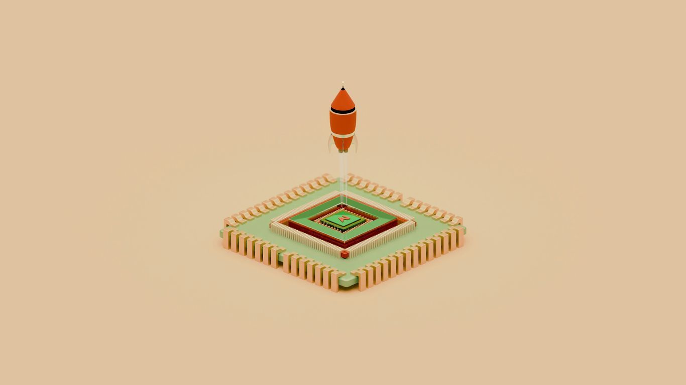 A rocket launches from a cube-shaped base.