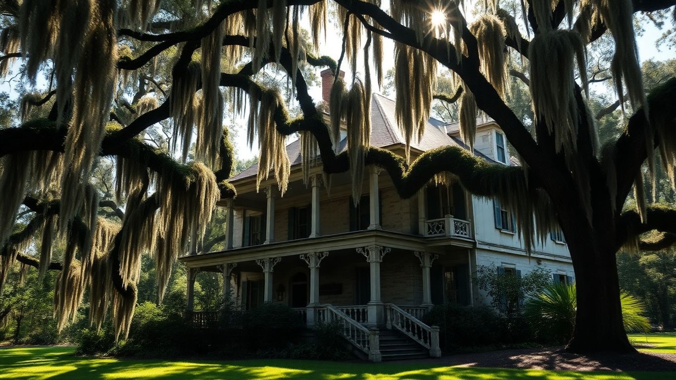 Antebellum plantation house in South Carolina with oak trees.