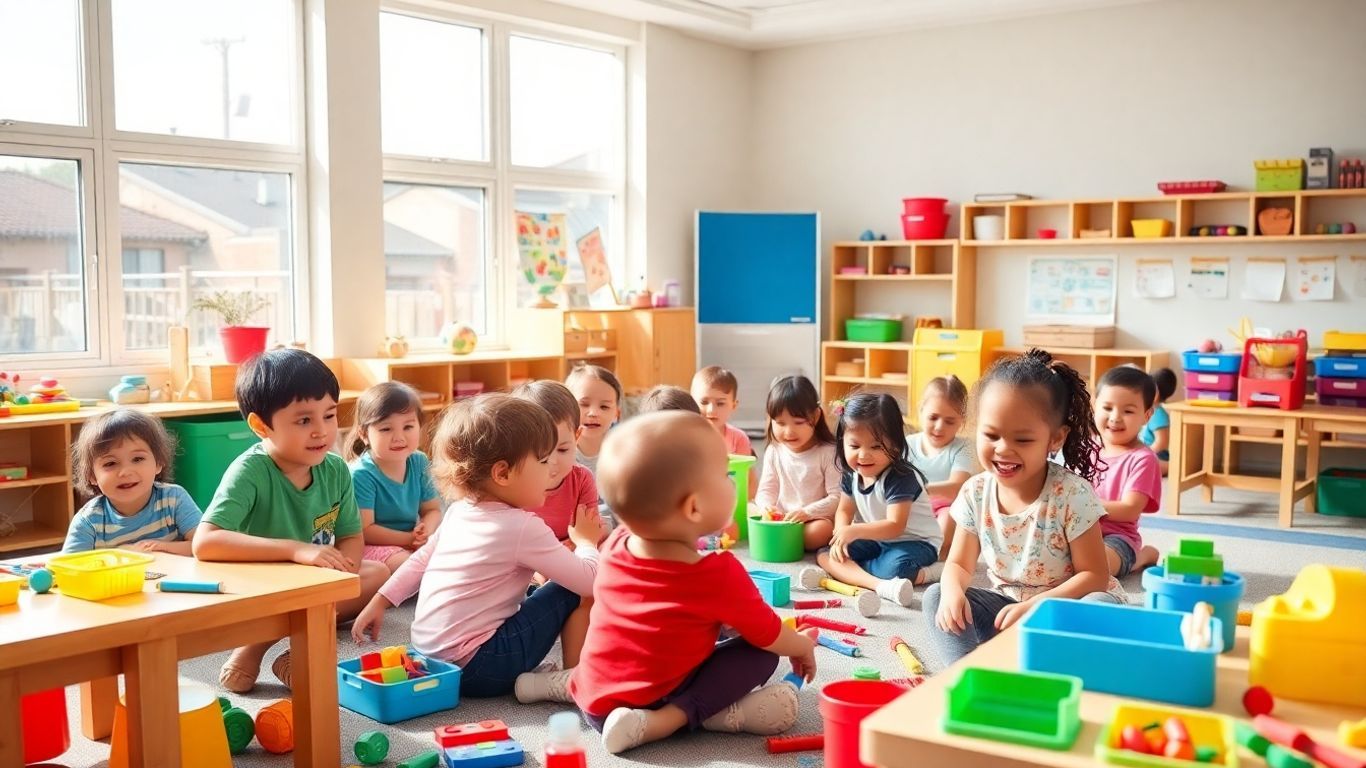 Children learning and playing in a bright classroom.