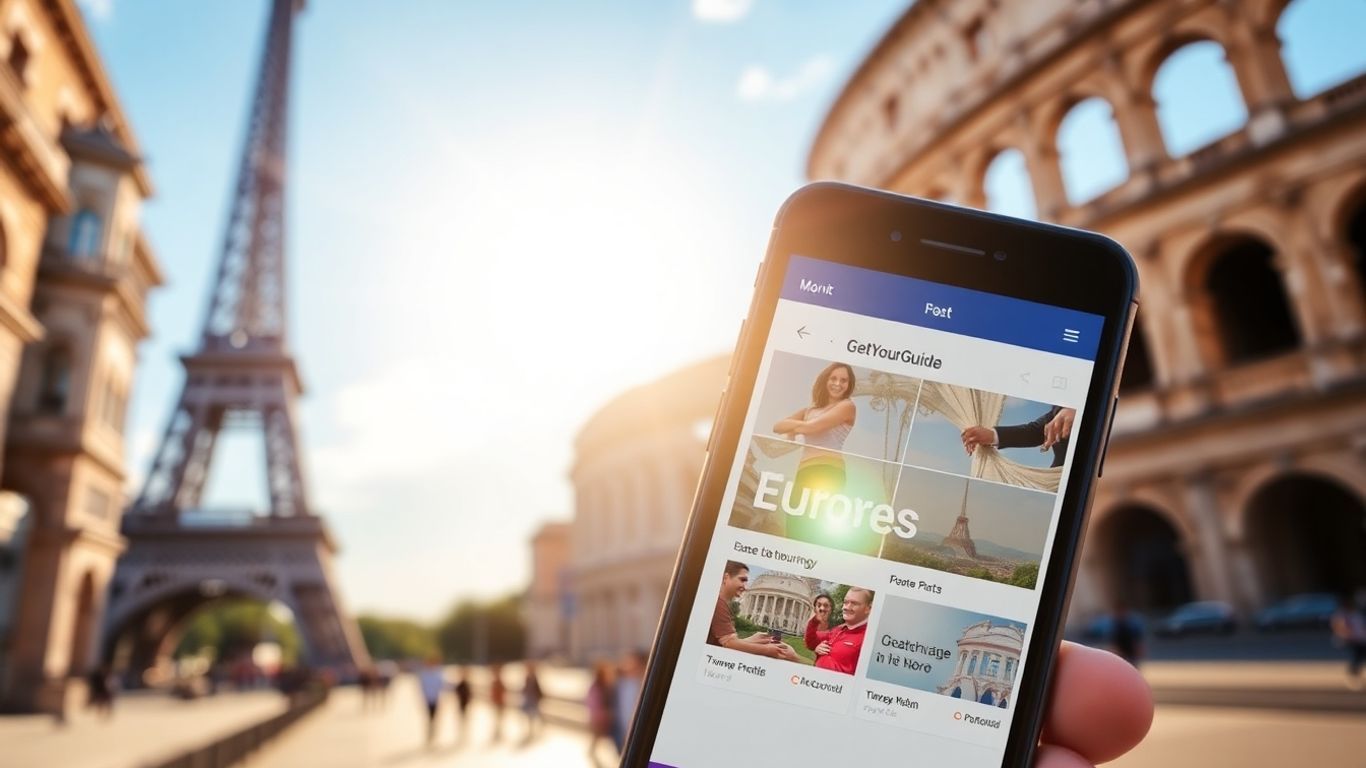 GetYourGuide app on a phone with European landmarks.