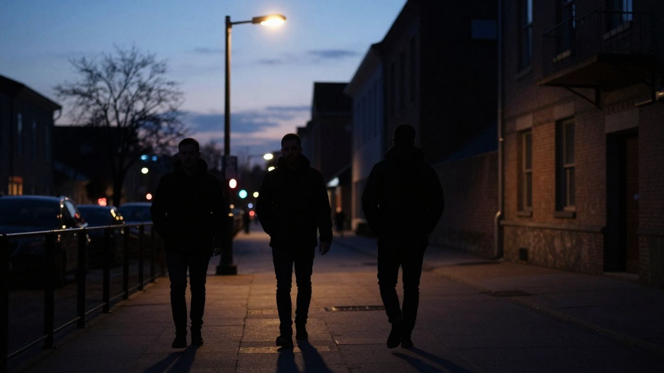 Urban street at dusk with shadows and streetlamp.