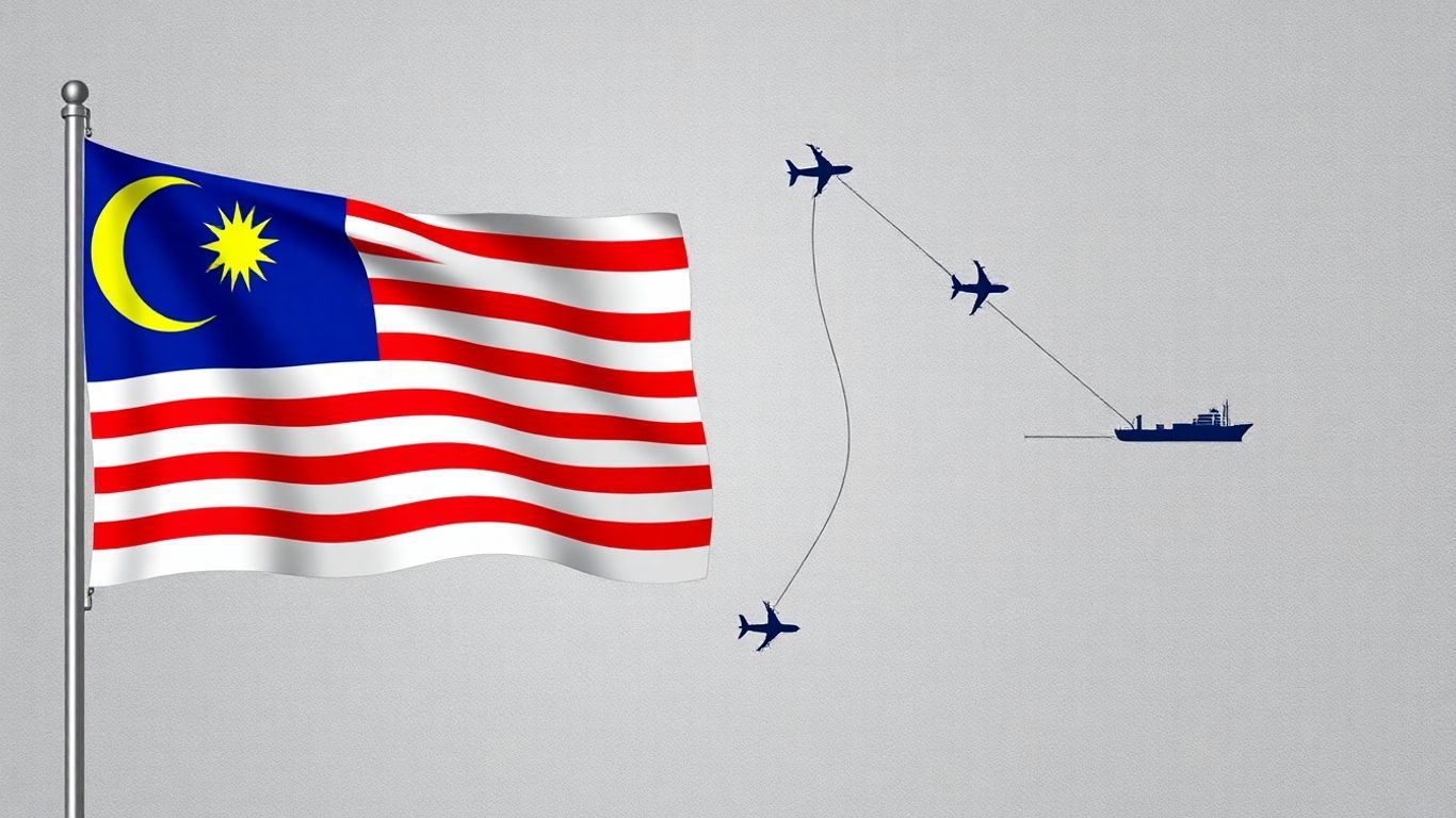 Malaysian flag and global trade routes illustration.