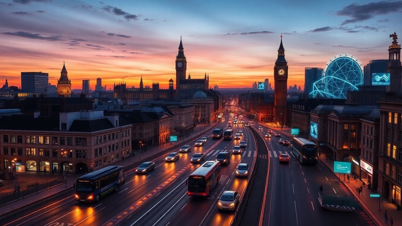London cityscape with digital network connections and futuristic elements.