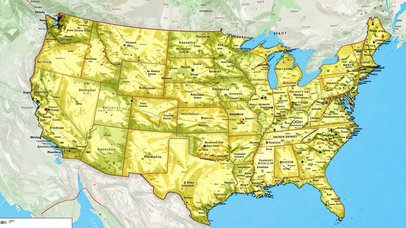Map of the United States with key cities highlighted.