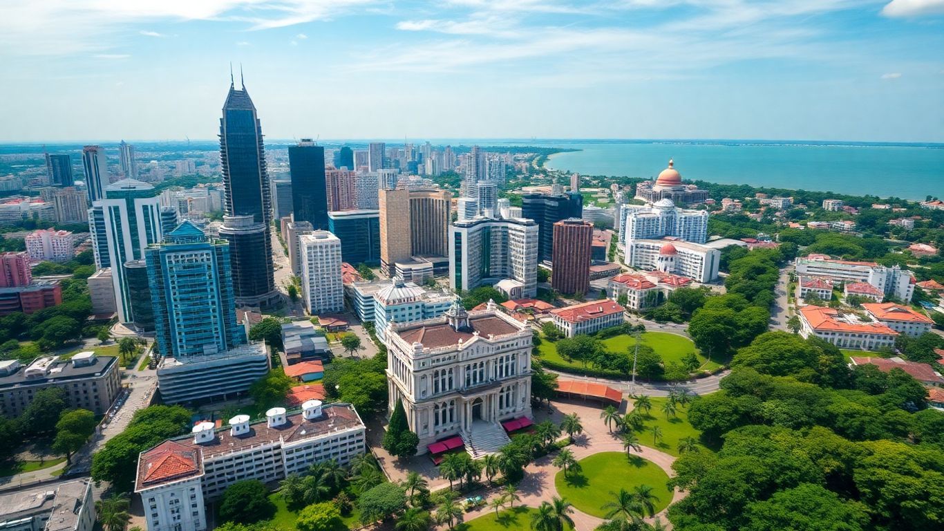 Johor Bahru cityscape with modern and heritage buildings.