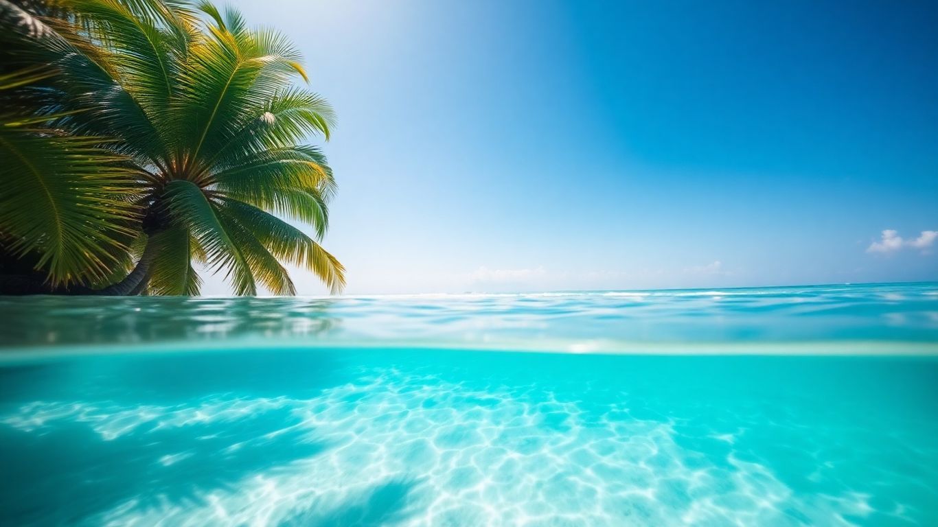 Turquoise water and white sand beach with palm trees.