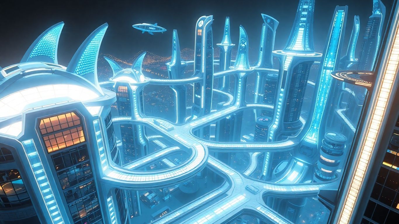 Futuristic smart city with glowing interconnected buildings.